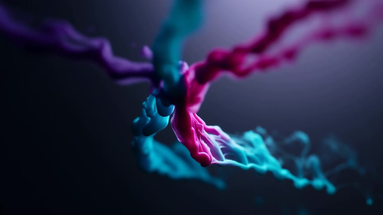 Close-up of three glossy paint-like tendrils in teal, magenta, and purple twisting and splashing toward the center over a dark blurred background. Dramatic