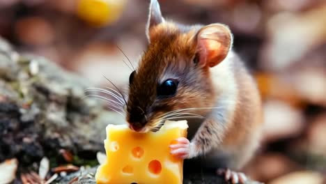 a mouse eating a piece of cheese on the ground