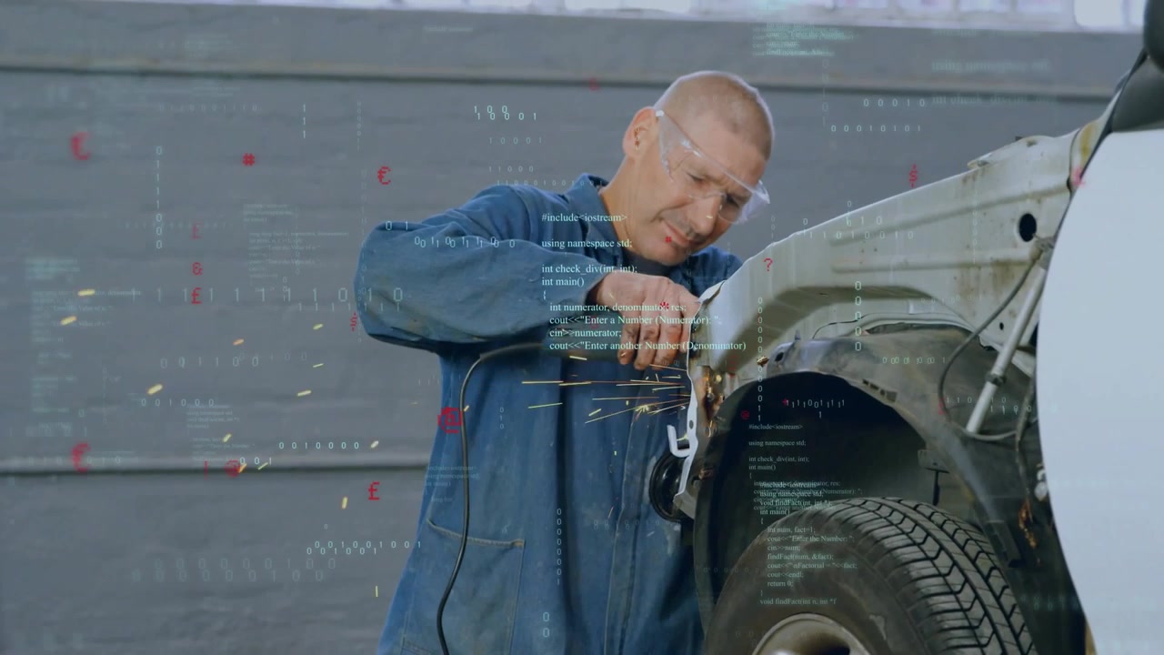 Vertical video: Placing grinder, tech in blue jacket repairing bent fender at shop, sparks and HUD
