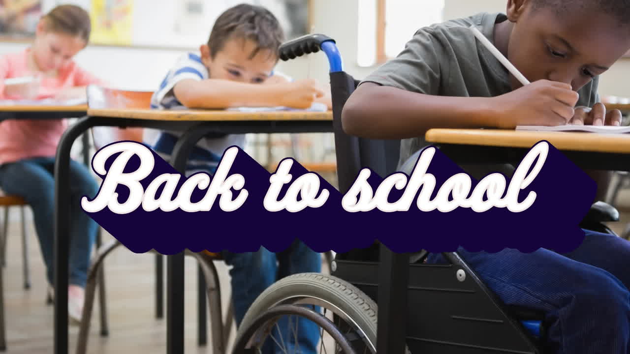 Animation of back to school text over schoolchildren learning