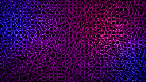 abstract festive background with rows of toruses or rings on plane flashing neon blue red light randomly. black rings rotating in the air. loop beautiful bg in 4k. smooth wiggling animation