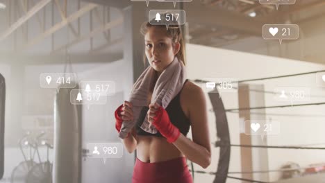 animation of data processing over caucasian woman in boxing gym