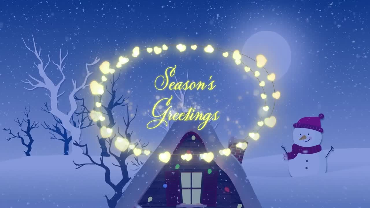 Animation of season's greetings text with fairy lights over snow falling and winter landscape