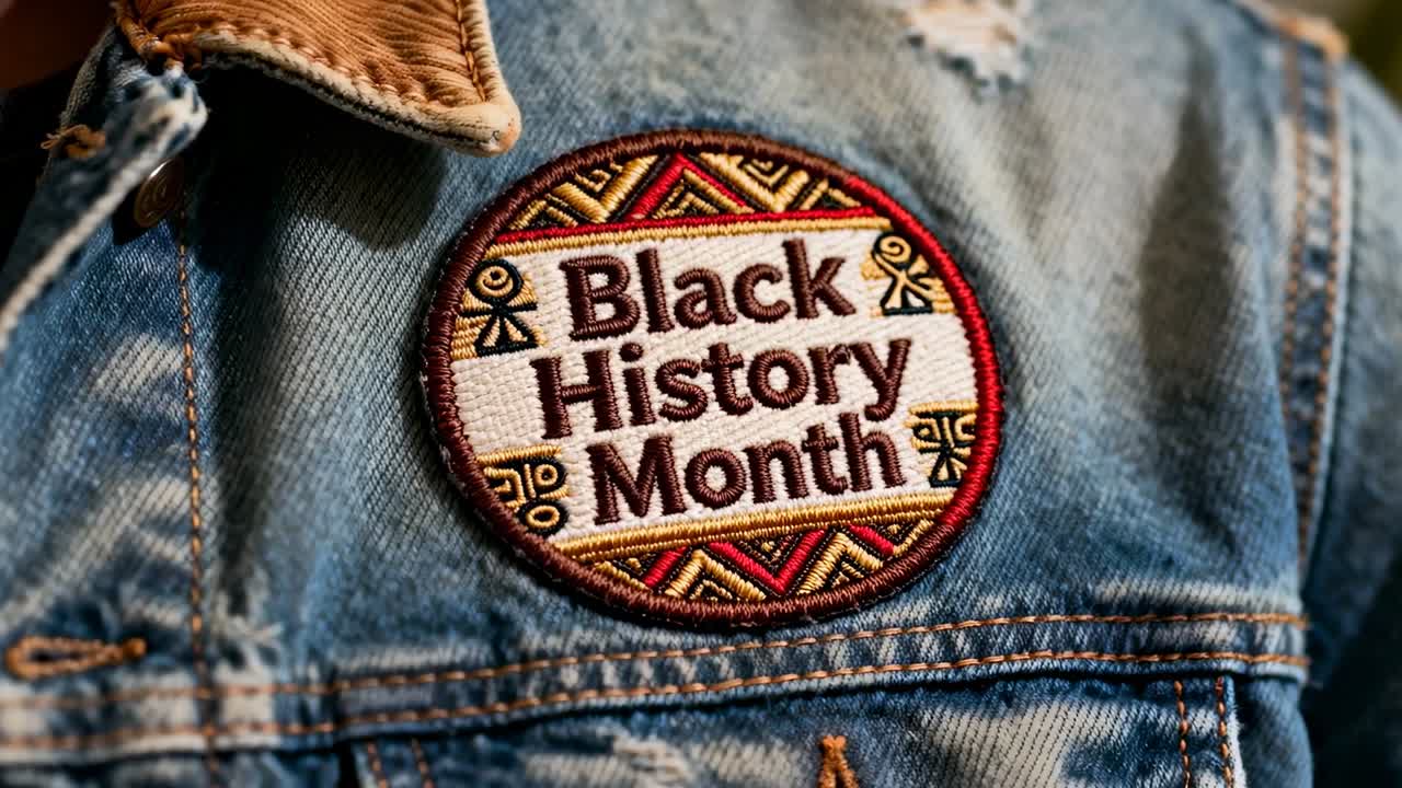Shifting camera closing on Black History Month patch on denim jacket, revealing thread texture