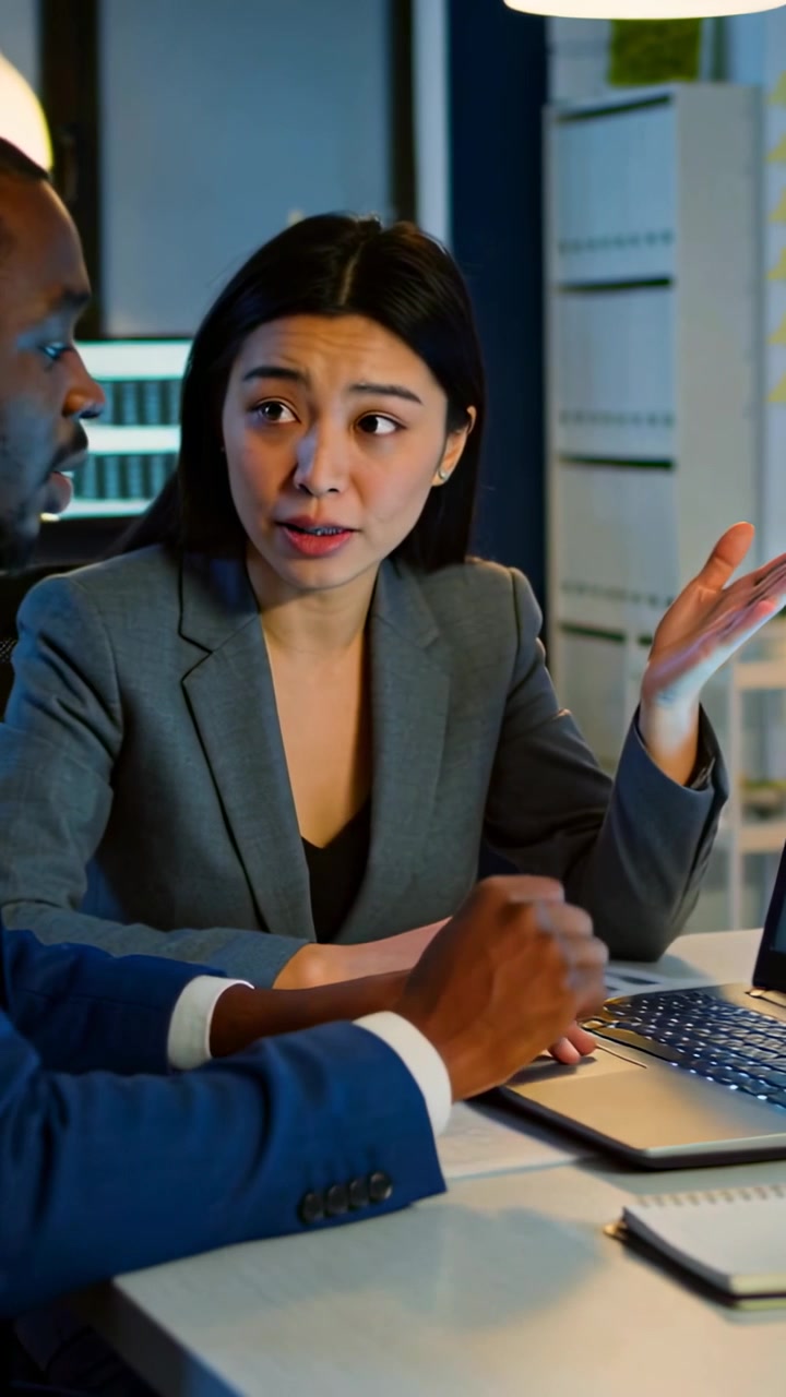 Vertical video: Woman pointing at laptop initiating input, man typing, chart updating, office