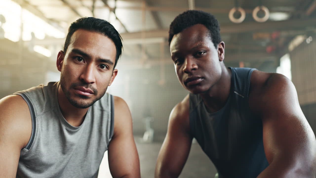 Serious man, friends and fitness in sports