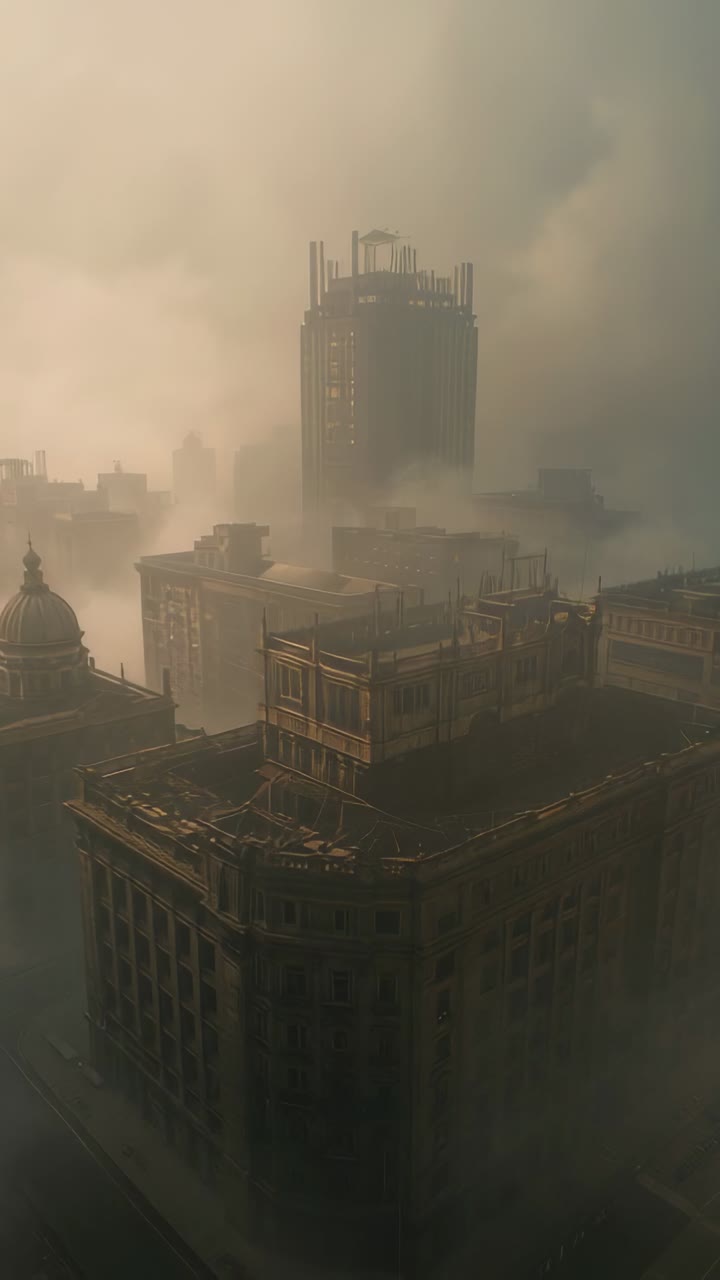Vertical video: Flashing lightning illuminating skeletal skyscraper in city block, swirling mist