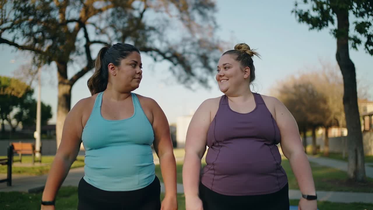 Due donne che fanno riscaldamento fitness al parco, si scambiano un'occhiata per dare il segnale per sollevamenti sincronizzati delle braccia con tracker da polso