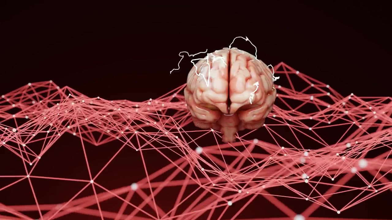Human brain floating above a neural network with interconnected lines on a red background. Artificial intelligence and neuroscience concept