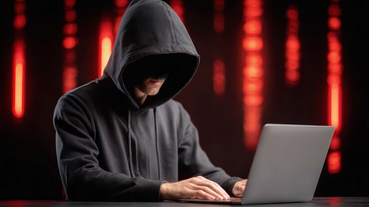 En mystisk skikkelse i en hættetrøje er involveret i spændende computeraktivitet mod en mørk baggrund med røde lys, der skaber en spændingsfyldt atmosfære