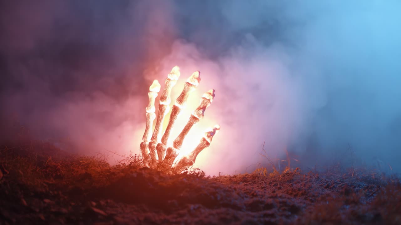 A Glowing Skeletal Hand Emerges from the Shadowy Ground, Surrounded by Ethereal Mist and Darkness, Illuminating the Scene with an Otherworldly Aura