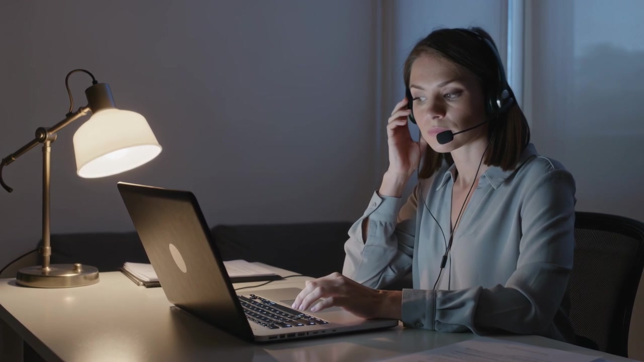 Agente di supporto che digita al laptop e risponde a una chiamata nel suo ufficio domestico, indossando una camicetta e una cuffia.