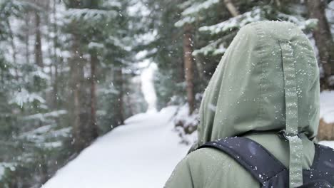 Blick-über-Die-Schulter-Blick-Auf-Eine-Frau,-Die-Auf-Einem-Verschneiten-Fußweg-In-Den-Französischen-Alpen-Spazieren-Geht