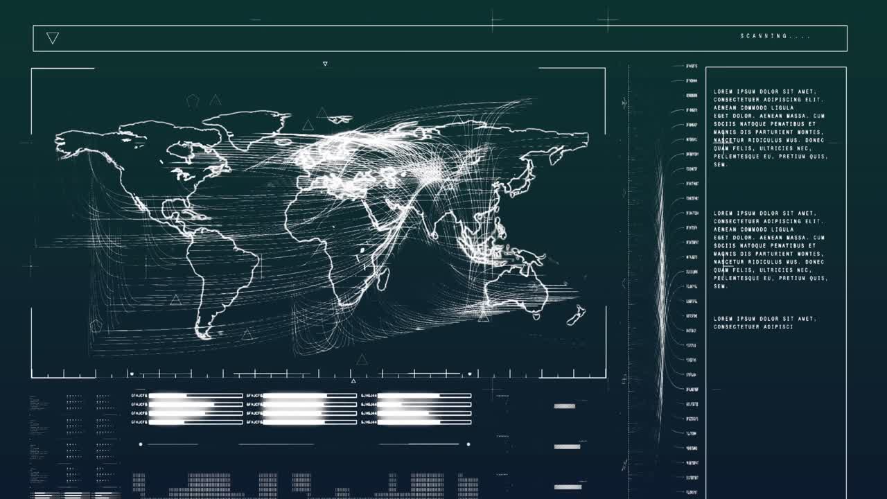 Animation of loading bars, computer language and map against abstract background