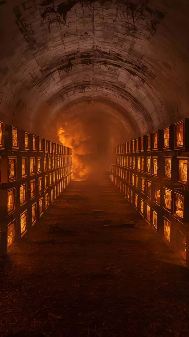 Vídeo vertical: Câmera avançando por um caminho arqueado em direção à chama, passando por caixas iluminadas para encontrar o fogo.