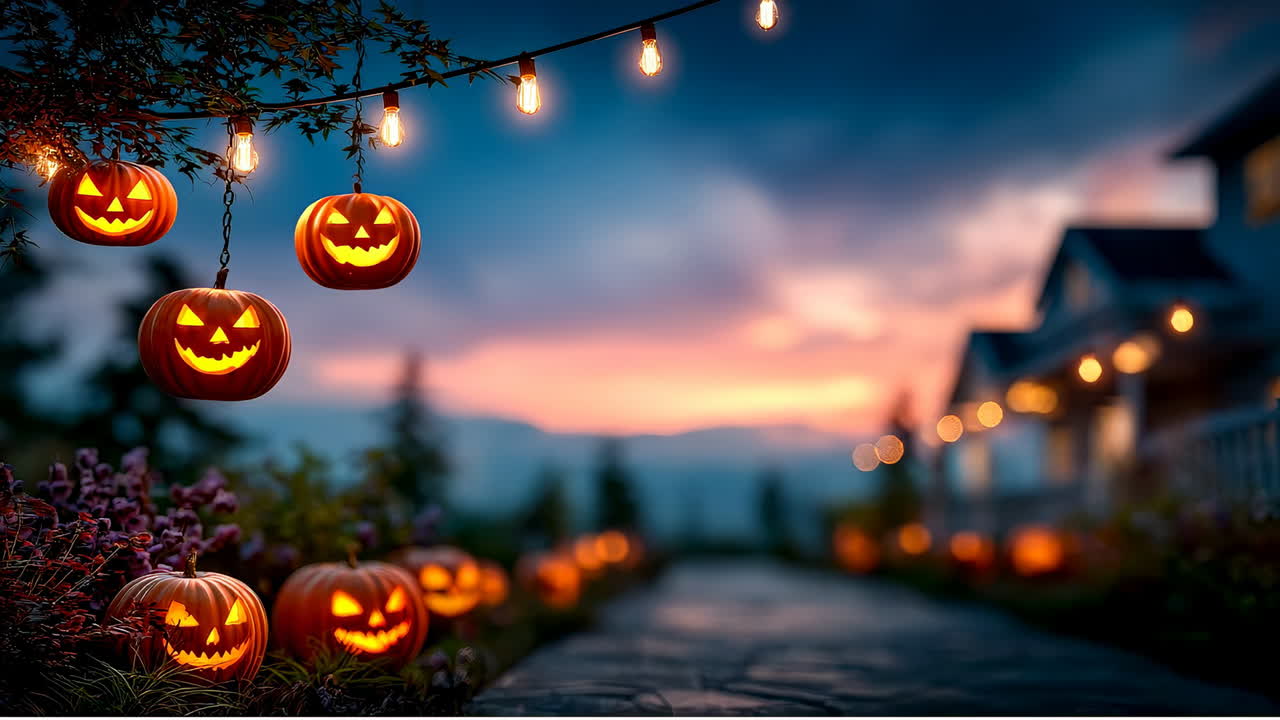 Zucche di Halloween con facce luminose appese in giardino. Jack-o'-lantern luminose pendono da fili e sono posizionate lungo un sentiero del giardino decorato con luci al tramonto.