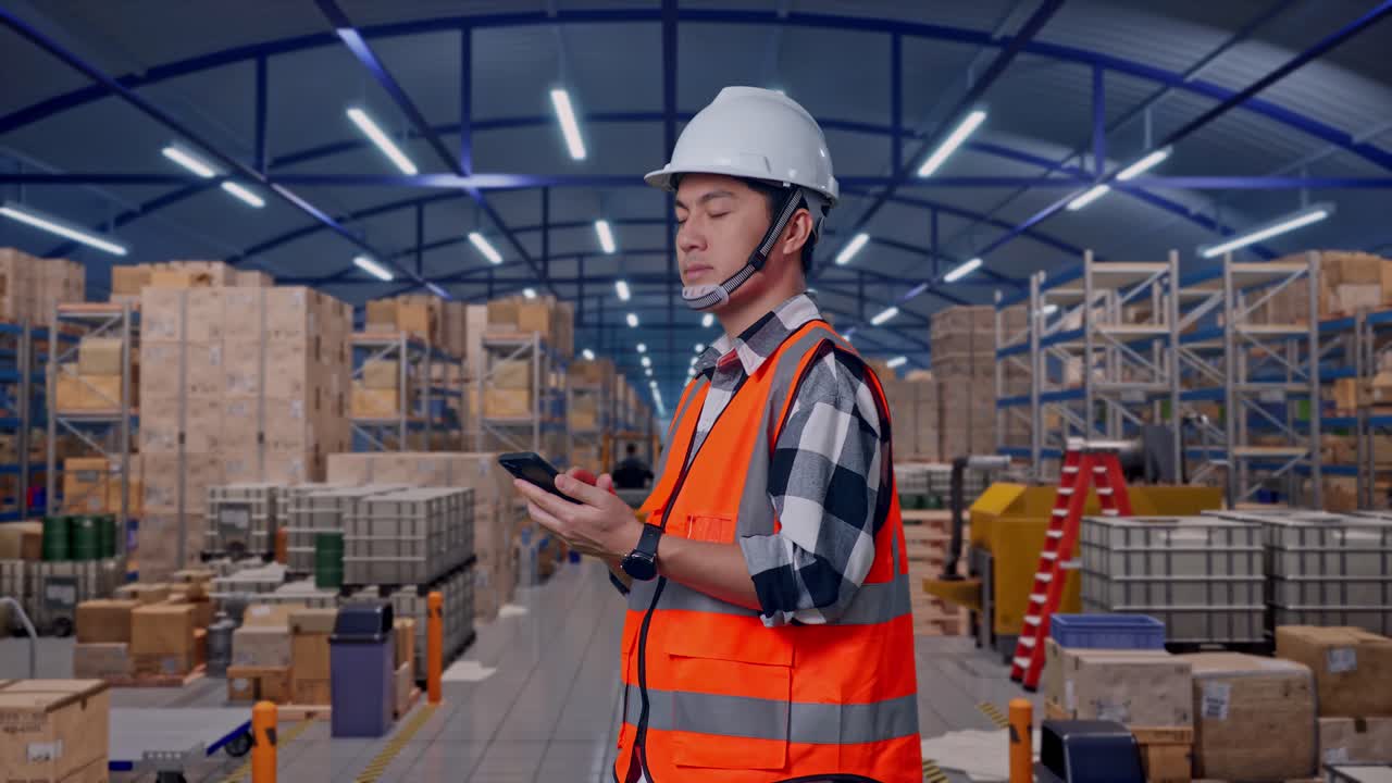 Vista laterale di un ingegnere asiatico con elmetto di sicurezza che usa lo smartphone e si guarda intorno mentre è in piedi in un ampio magazzino con scaffalature.