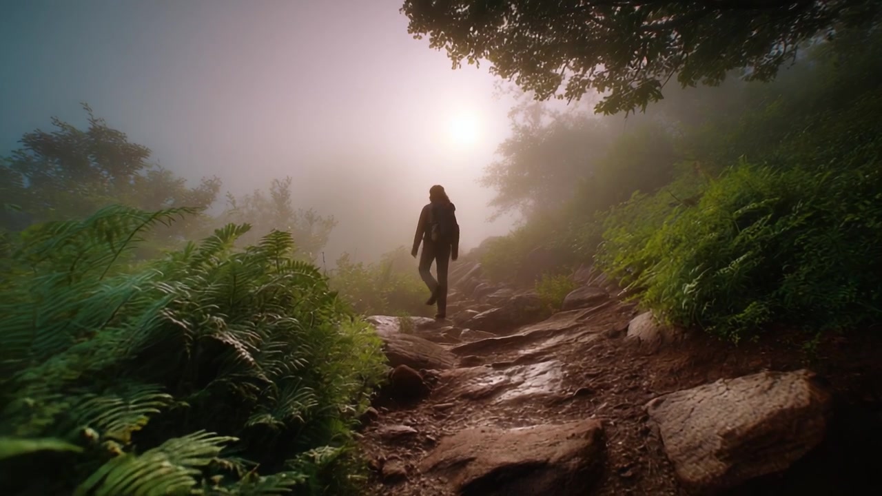 A solitary figure navigates a misty mountain path surrounded by lush greenery, as the soft glow of the sun emerges through the fog, creating a serene atmosphere.