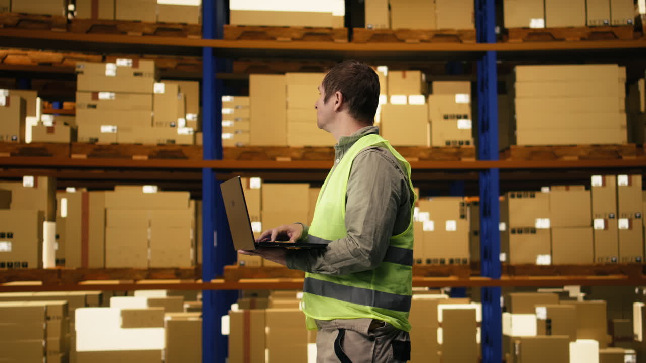 Lavoratore professionista che esamina i dati di inventario in un centro di distribuzione.