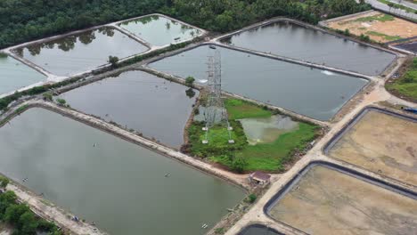 Instalación-Controlada-De-Acuicultura-Al-Aire-Libre-Con-Torre-De-Transmisión-En-El-Centro-Junto-Al-Barrio-Residencial-En-Manjung,-Perak,-Malasia,-Sudeste-De-Asia,-Tiro-Aéreo