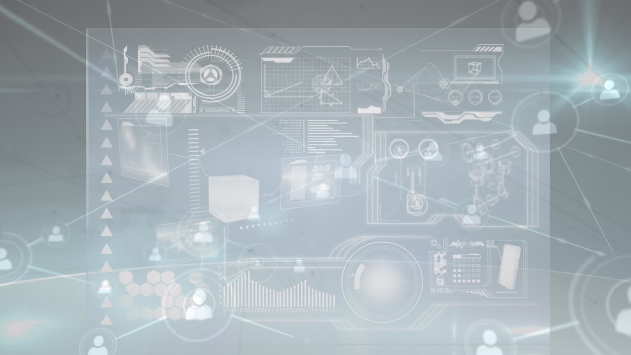 회색 디지털 화면에 연결과 다양한 데이터의 애니메이션