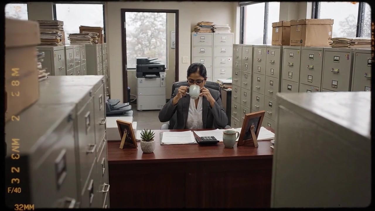 Focused Professional Woman Engaged in Administrative Work at a Well-Organized Office Desk Surrounded by Filing Cabinets and Office Equipment