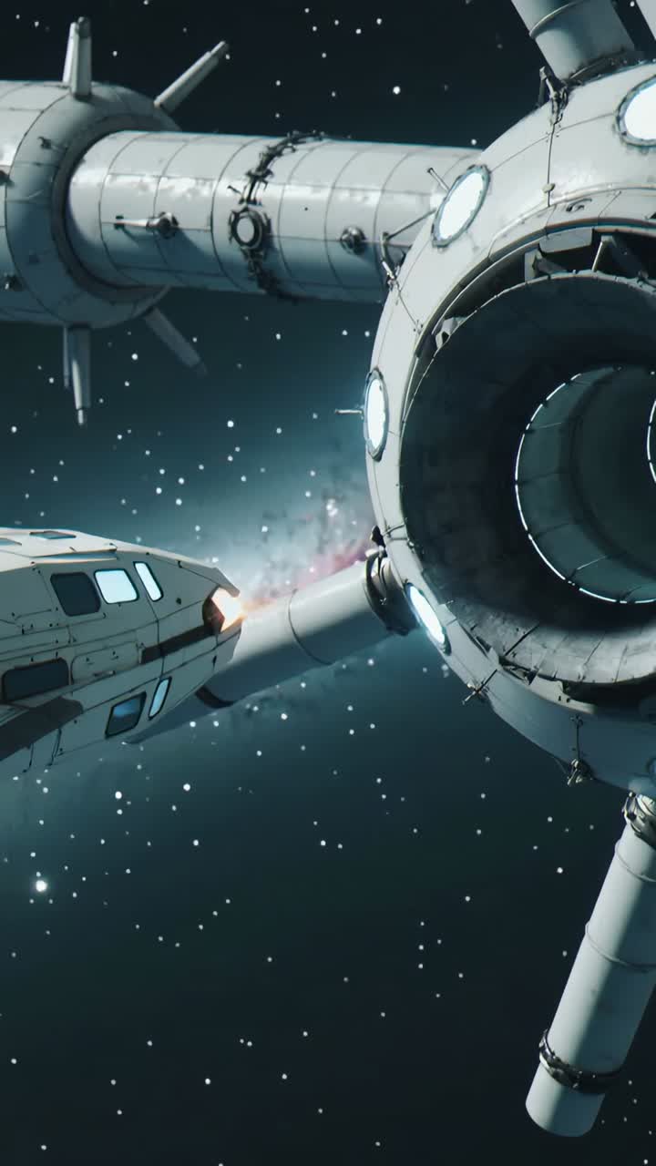 Vertical video: Firing nose thruster guiding small ship aligning with station docking ring to dock