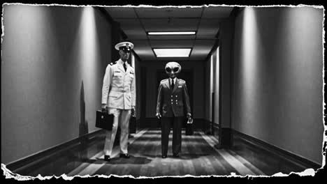 military and alien encounter in a corridor