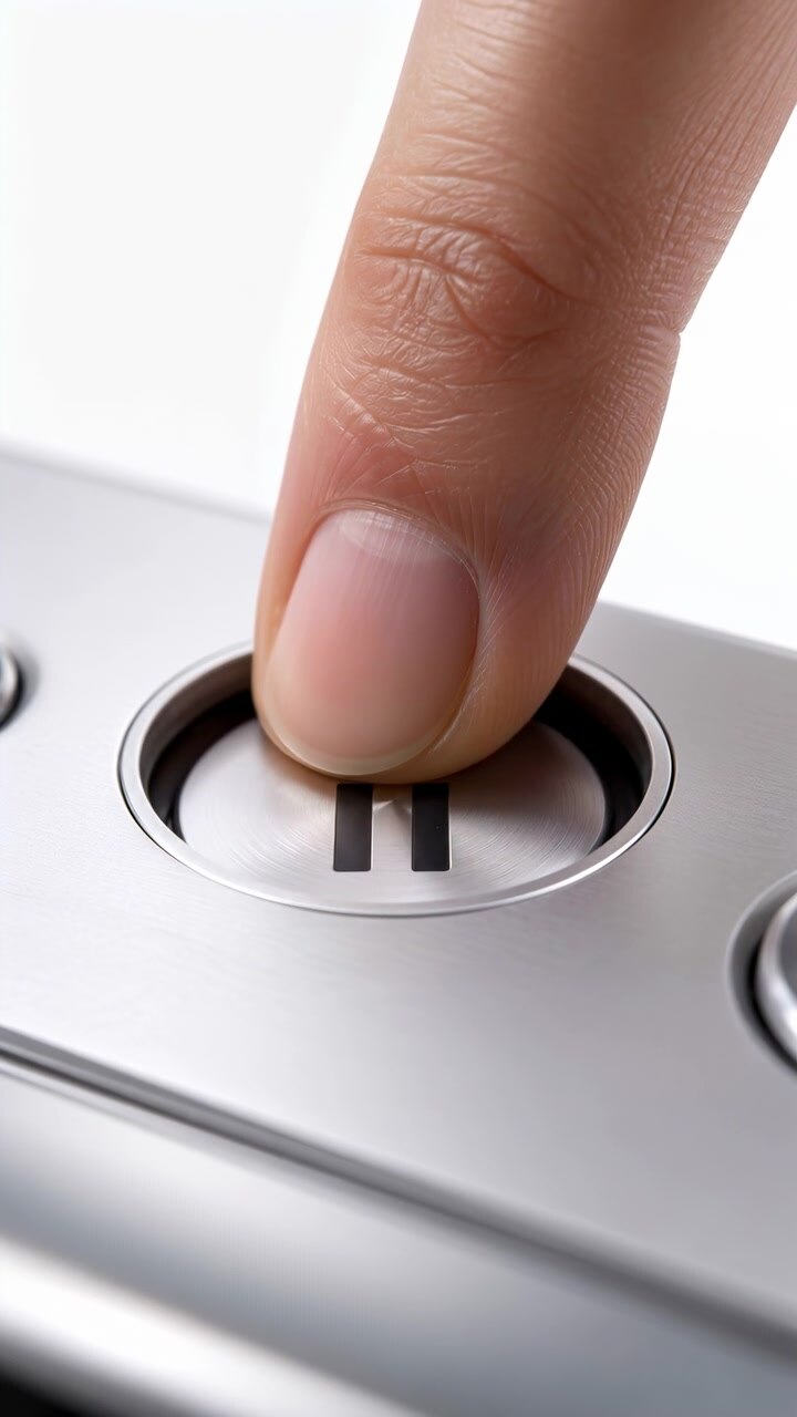Close view follows fingertip holding down round metallic pause key before lifting away, revealing recessed rim, smooth brushed surface, black icon, and bright neutral background.