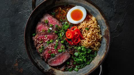 beef ramen with soft boiled egg and chili