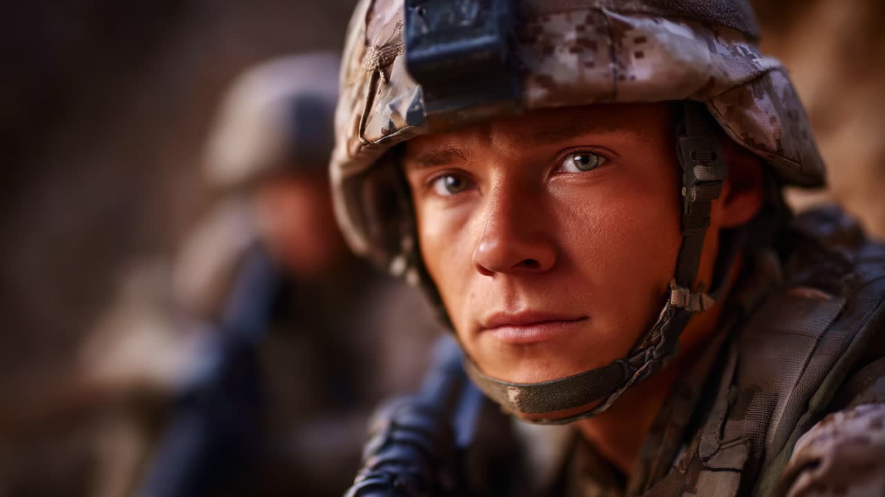 A dedicated soldier's unwavering gaze captures the essence of bravery and resilience in the face of adversity, reflecting the challenges faced by military personnel