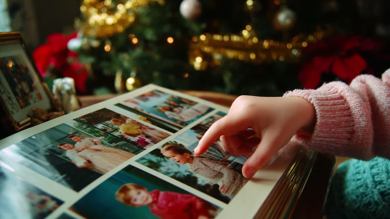 A Heartwarming Journey Through Memories: A Child's Touch on Family Photographs While Surrounded by Holiday Cheer and Nostalgia in a Cozy Atmosphere