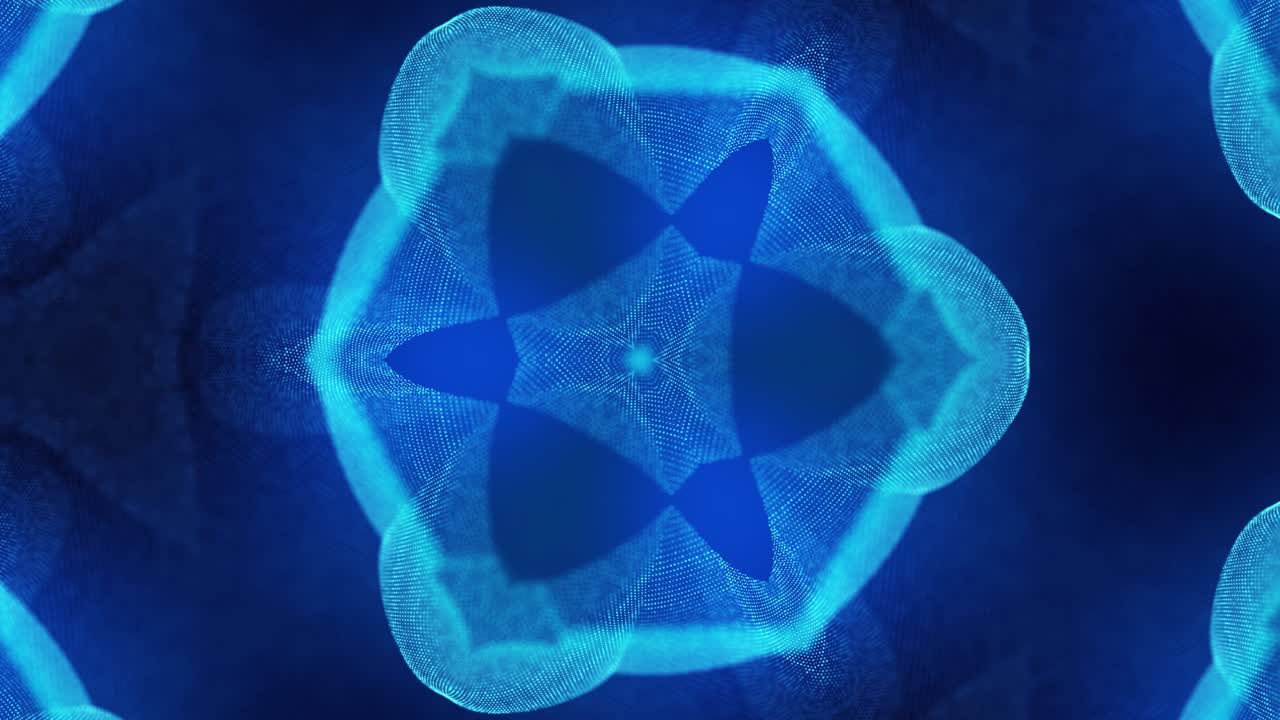 el fondo azul abstracto de 4k de partículas de brillo forma líneas curvas, superficies estructuras simétricas como en el holograma caleidoscópico. tema abstracto de ciencia ficción con ondas de partículas.