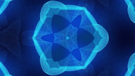 el fondo azul abstracto de 4k de partículas de brillo forma líneas curvas, superficies estructuras simétricas como en el holograma caleidoscópico. tema abstracto de ciencia ficción con ondas de partículas.