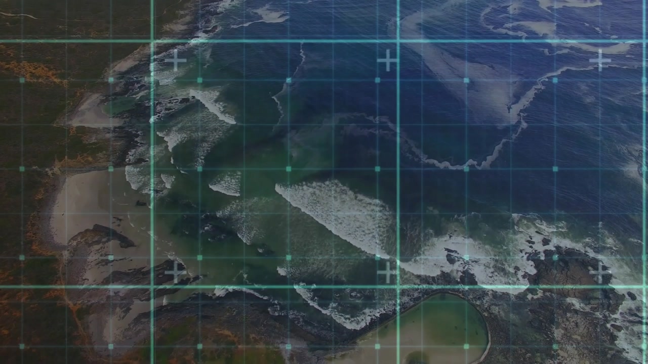 Transparent digital grid fading over coastline, sliding lines and pulsing nodes scanning contours
