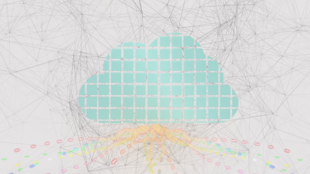 Animation of cloud-shaped digital network with colorful data points and lines