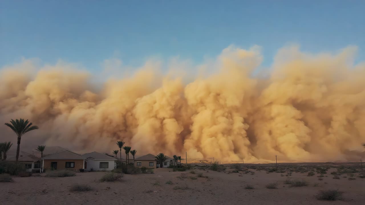 Dust Storm Approaching Houses in Desert