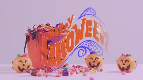 Happy-halloween-text-banner-and-ghosts-icons-against-pumpkin-shaped-bucket-full-of-halloween-candies