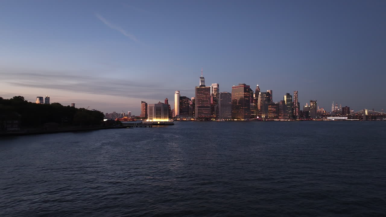 Aerial view of the Manhattan Financial District at dusk