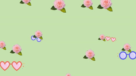 animación de vasos y flores sobre un fondo verde