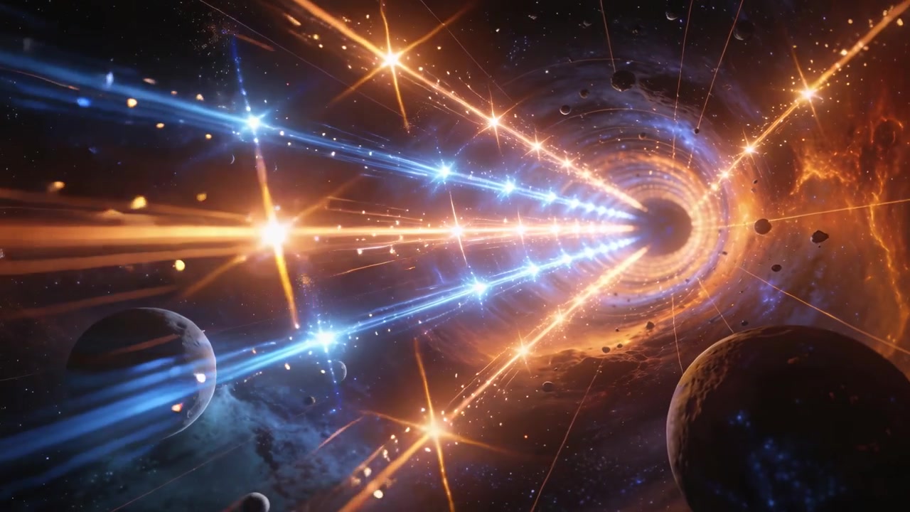 Converging blue and orange beams intensifying toward vortex in deep space, pulled by vortex gravity