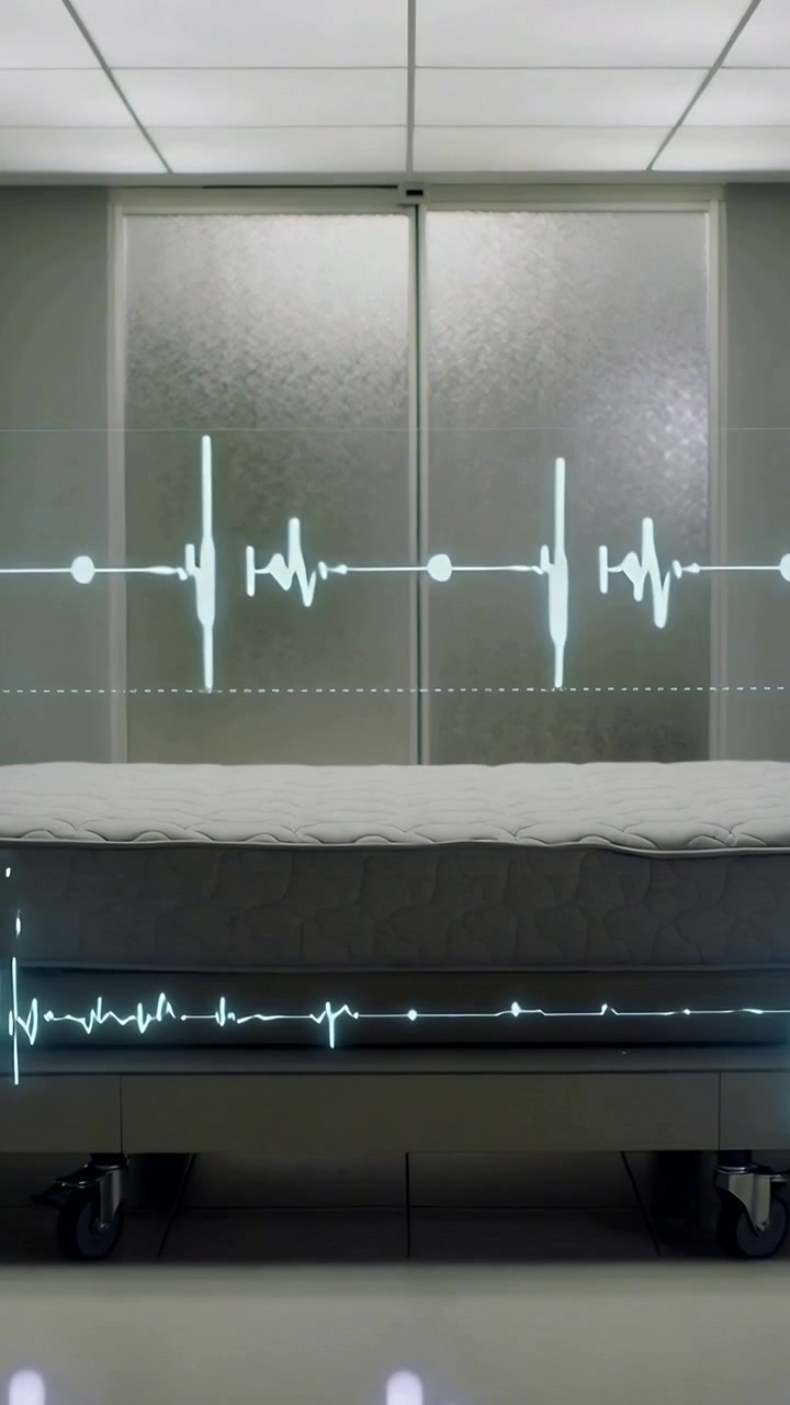 Video verticale: Mostra una forma d'onda ECG ciano che si anima in una clinica, con barre che si alzano sotto un letto medico.