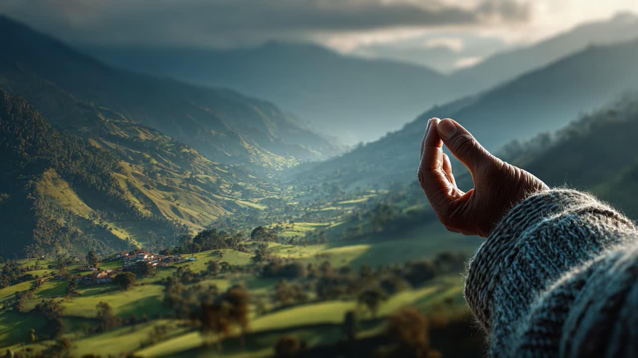 A Serene Gesture: Capturing the Tranquility of Nature with a Hand Reaching Out to the Breathtaking Valley Landscape