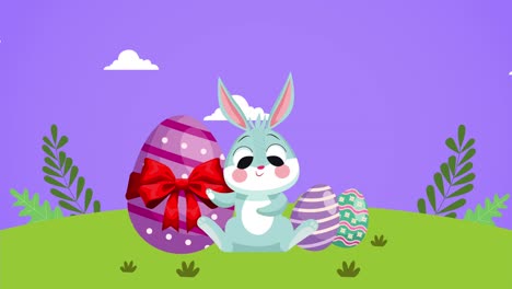 feliz día de pascua con conejo lindo y huevos pintados en el campo