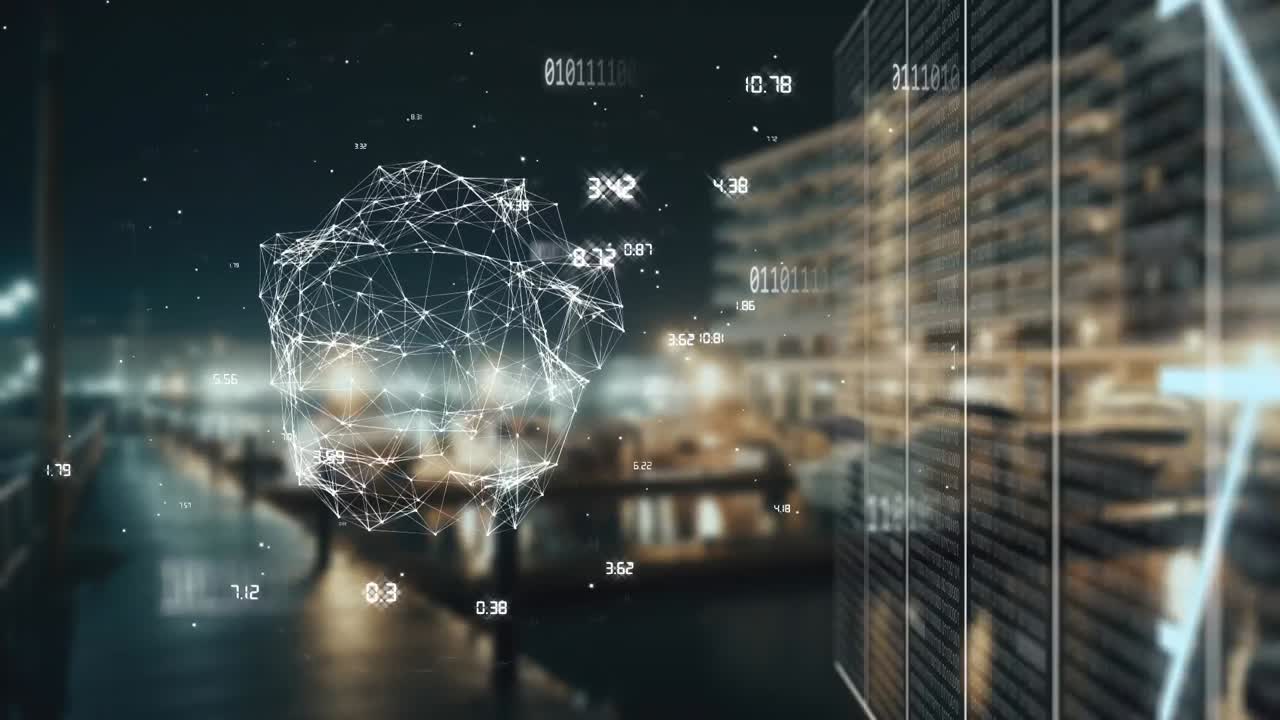 Animation of globe and data processing over cityscape