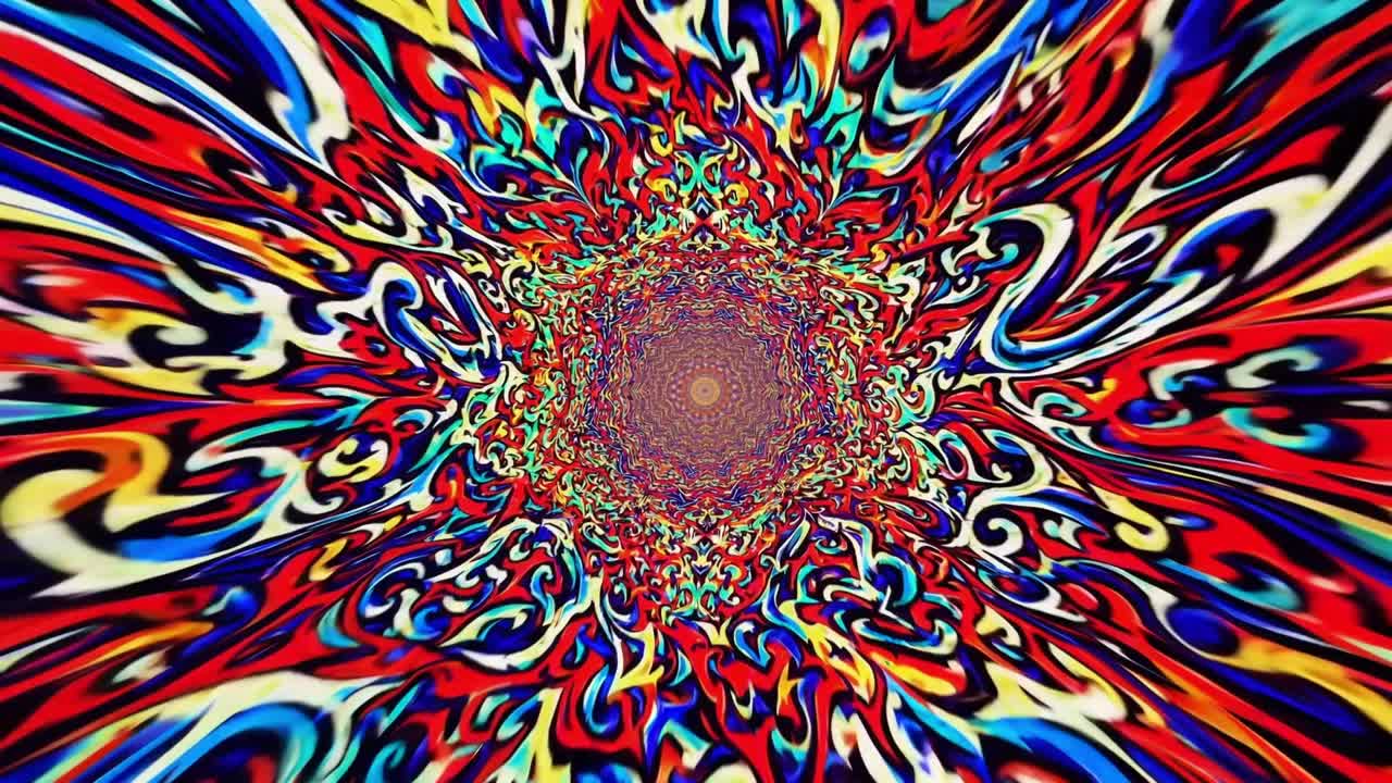 Vibrant swirling patterns in a dynamic motion sequence, showcasing a mesmerizing tunnel of colors and shapes, creating an immersive visual experience of fluid movement