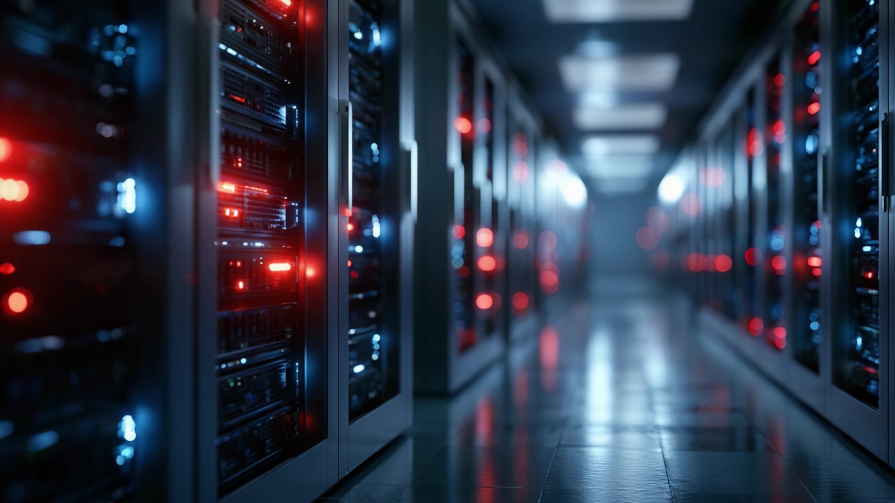 A Dazzling Display of Modern Data Center Technology Illuminated by LEDs, Showcasing the Intricate Configuration of Servers and Networking Equipment in a High-Performance Environment