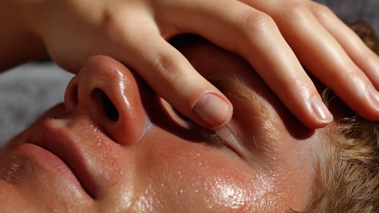 A Close-Up of a Young Man's Relaxed Face with Glowing Skin, Capturing the Essence of Calmness and Serenity in a Serene Environment