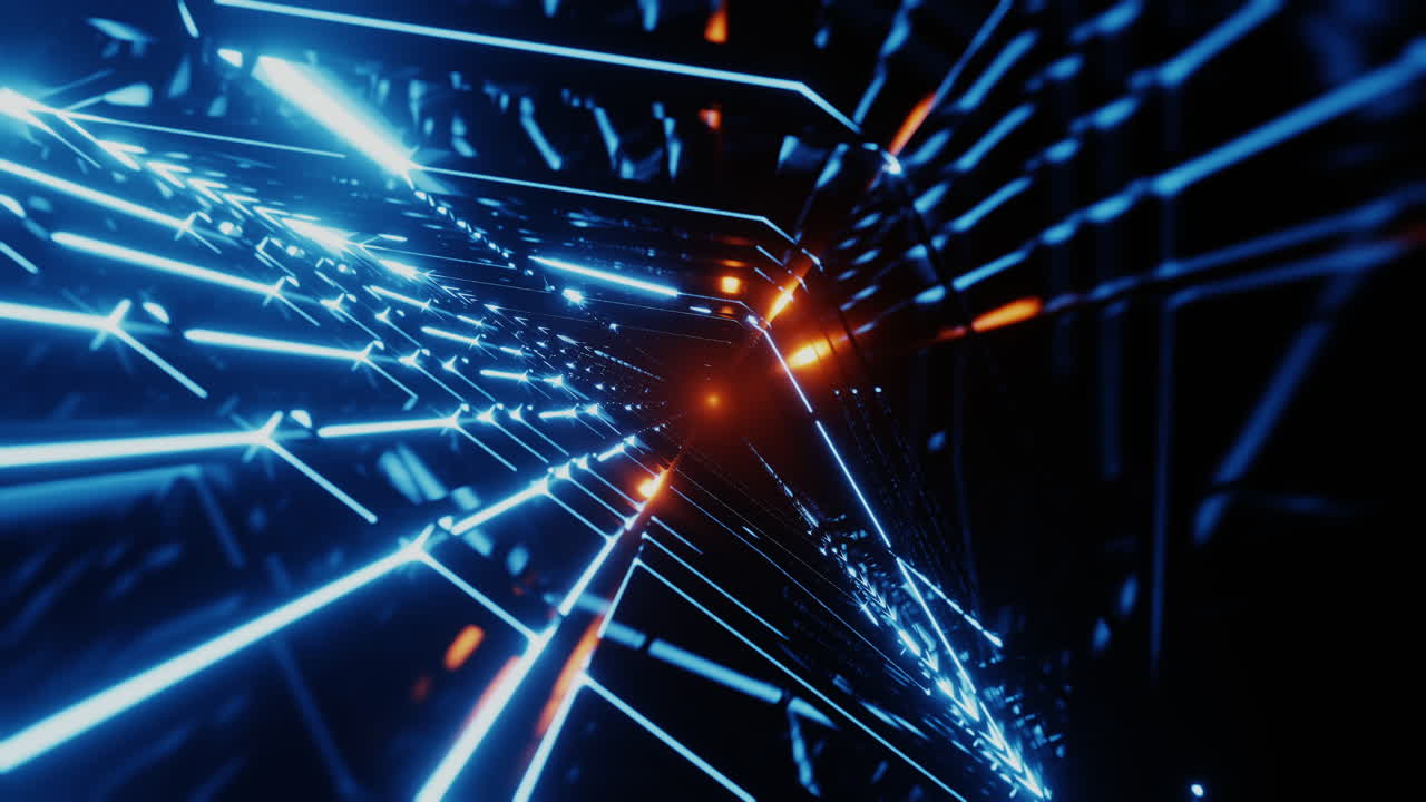 un'infinita galleria spaziale futuristica con luci al neon.