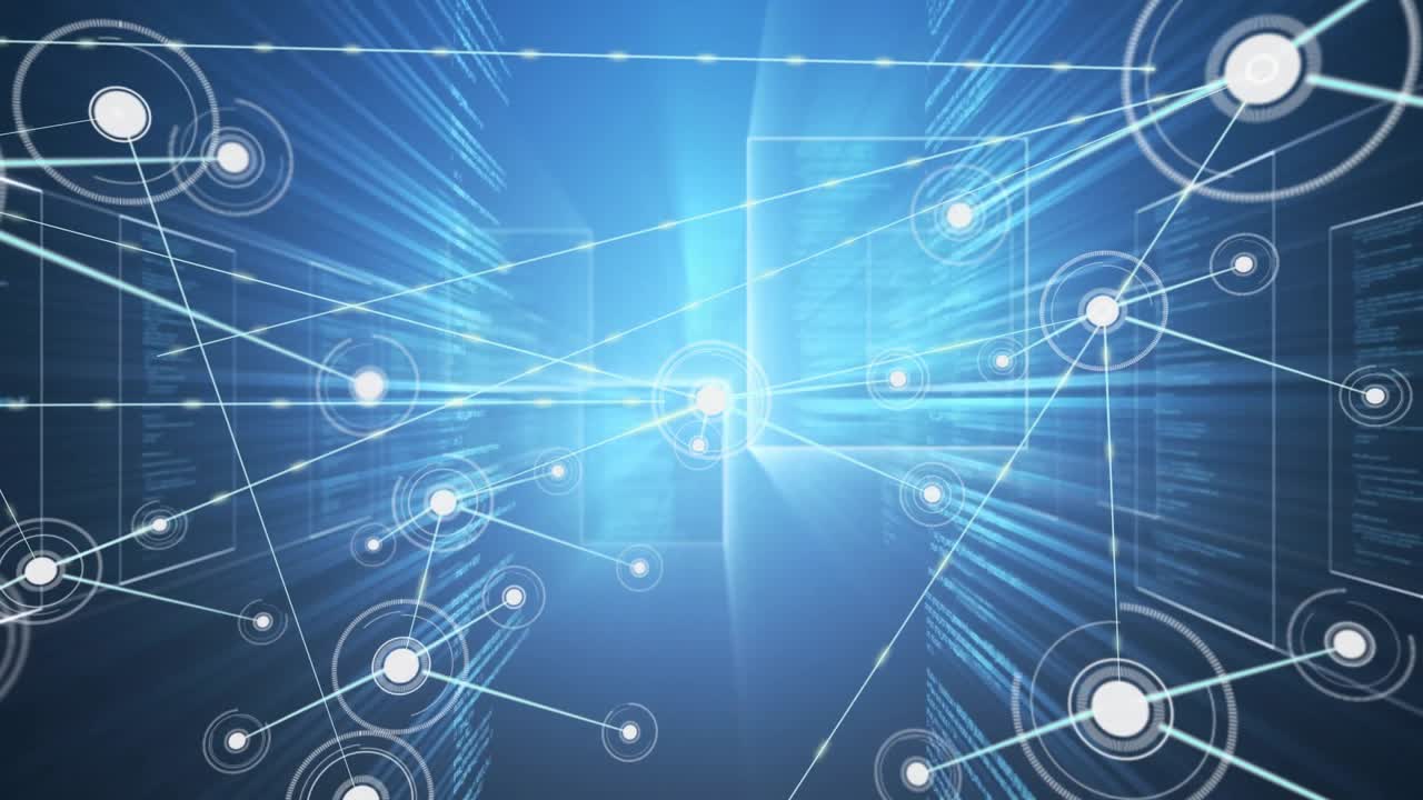 Digital network interface animating in 3D render, with glowing central node radiating beams
